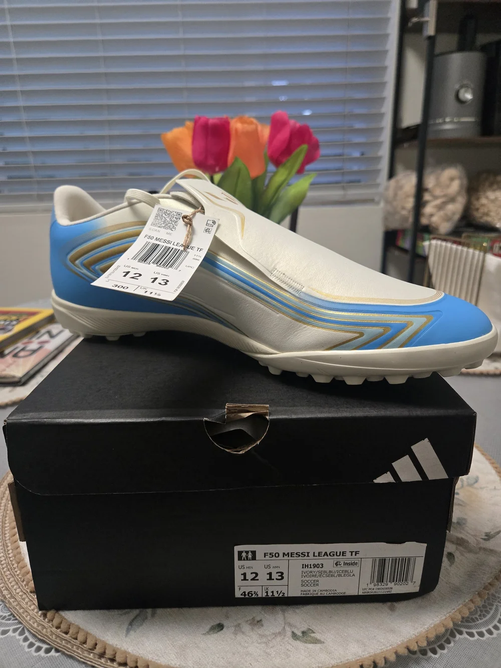 adidas Kids F50 Messi Turf Shoes - White, Blue, Gold